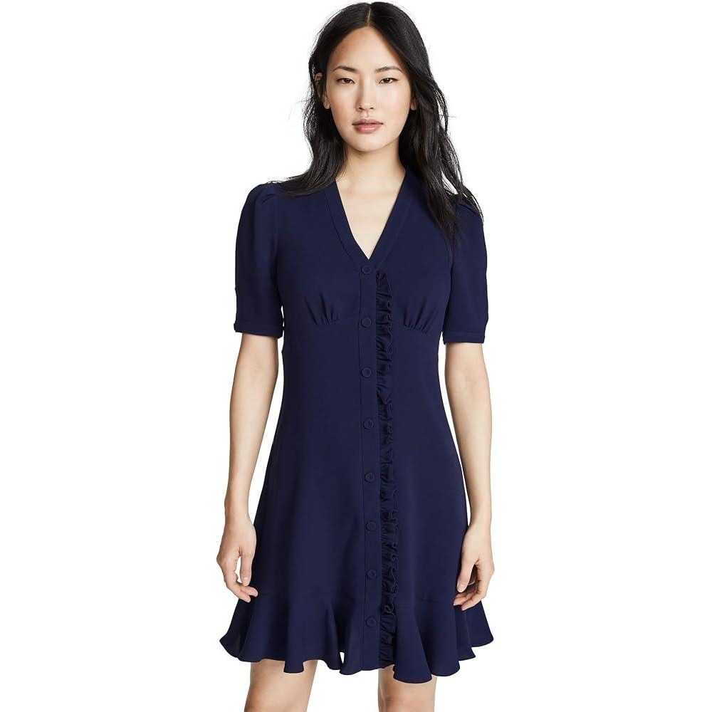 Shoshanna Spiaggia Dress Navy Blue Ruffle Button Front Short Sleeve Mini Size 2